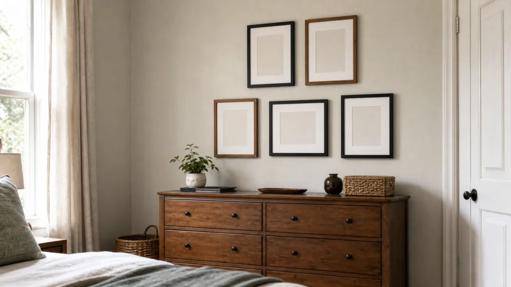 A gallery wall of mixed-size picture frames arranged in a grid above a bedroom dresser