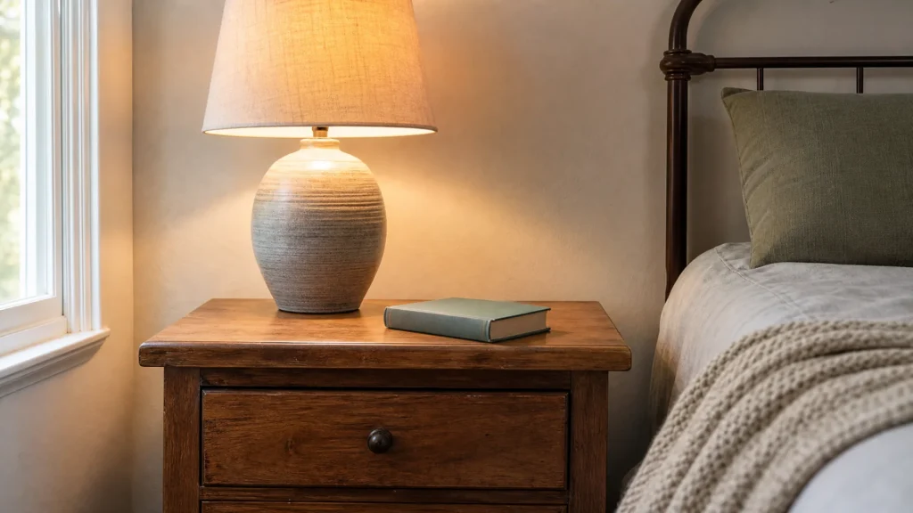 A small bedroom nightstand cleared of clutter with only a warm-lit lamp and one book