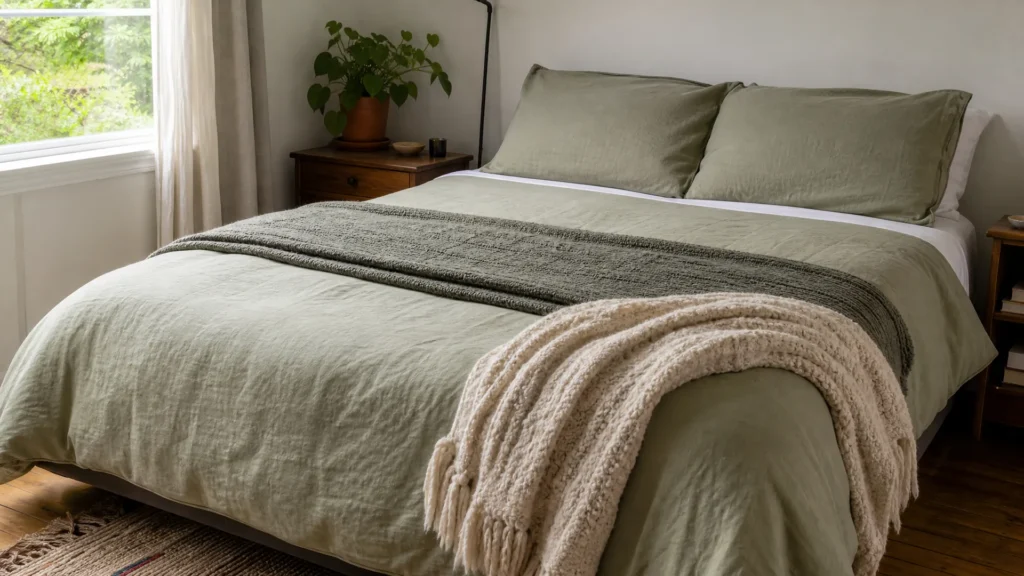 A bed layered with white sheets, a light blanket, and a chunky knit throw folded across the foot