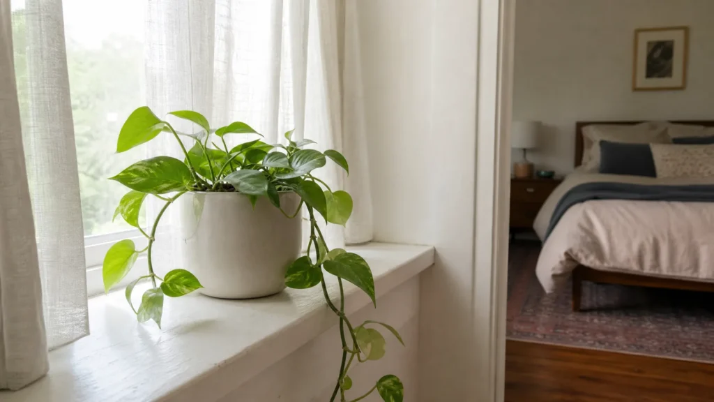 A small potted plant on a bedroom windowsill beside sheer curtains
