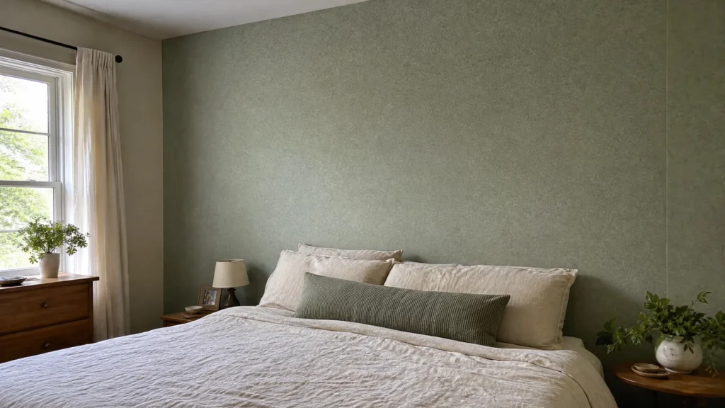 A sage green peel-and-stick accent wall behind a bed with neutral bedding