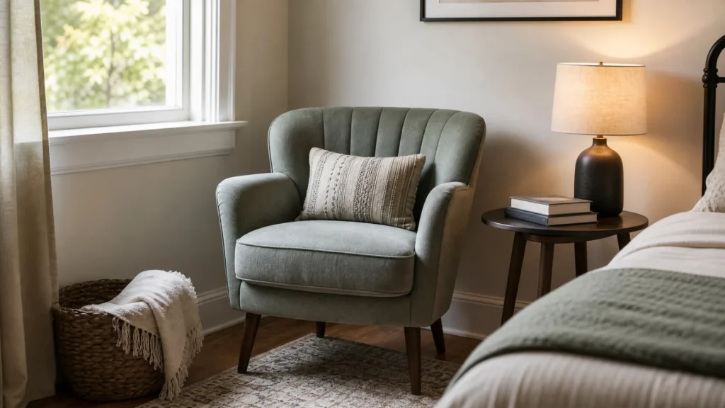 A compact reading nook in a bedroom corner with an accent chair, a small table, and a warm lamp