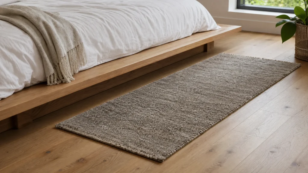 A small textured area rug placed beside a bed on a wood floor