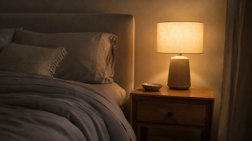 A bedside lamp with a soft fabric shade casting warm light in a dim bedroom in the evening
