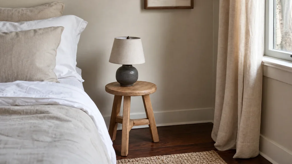 A small thrifted wood stool used as a bedside table next to a neutral bed