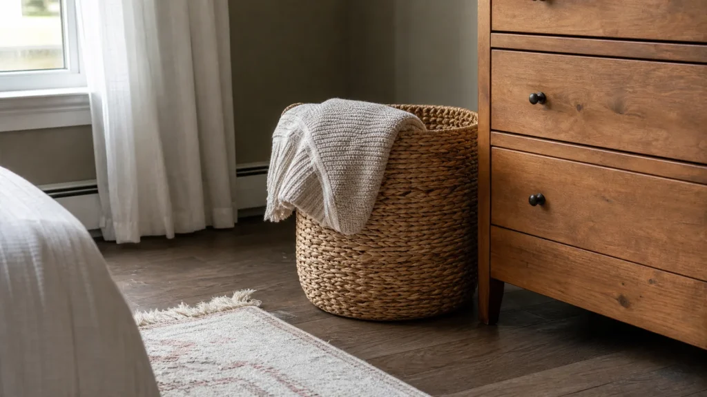 A woven storage basket holding a folded blanket beside a dresser