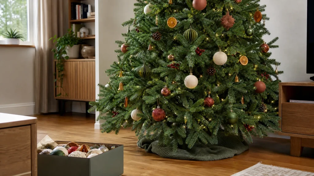 The lower half of a Christmas tree decorated in three layers with warm lights, larger ornaments and pinecone and orange-slice filler