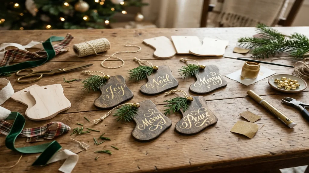 DIY wooden stocking tags with gold lettering, twine, ribbon and greenery on a rustic table, a handmade Christmas decor idea