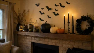A rental living room mantel styled with DIY Halloween decor: painted pumpkins, black taper candles, apothecary jars, a black wreath and cardstock bats on a cream wall.