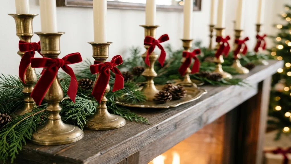 DIY red velvet bows tied around brass candlesticks with white taper candles and pine greenery along a wooden mantel