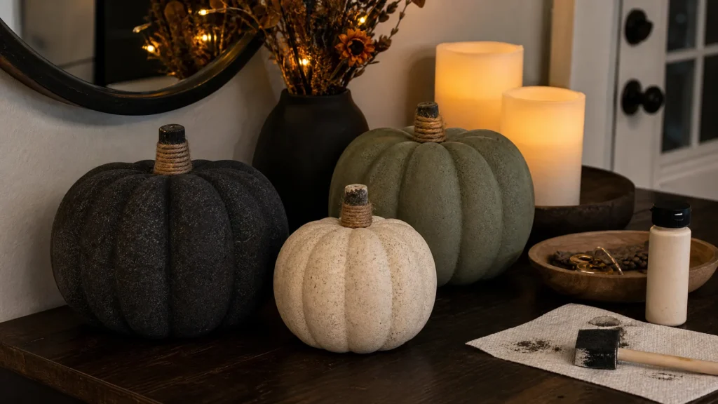 Three foam pumpkins painted with a stone-like finish in black, cream and sage green with twine stems on an entry table.