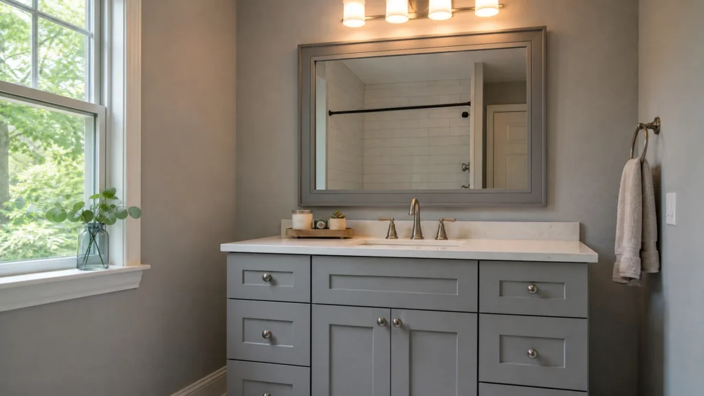 Framed mirror about the width of a gray vanity with warm-white vanity lighting above it