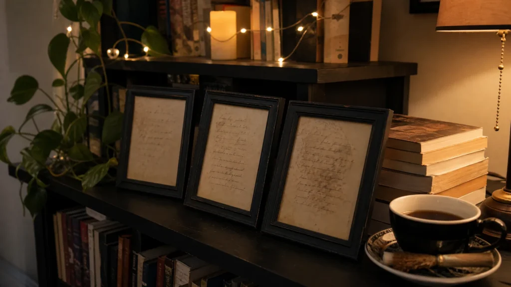 Three black frames holding tea-stained old book pages on a bookshelf beside a stack of paperbacks and a cup of tea.