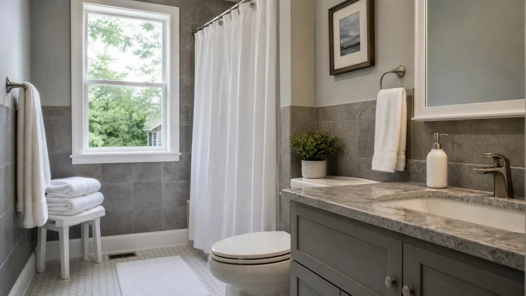 Gray tile bathroom layered with white towels, a white shower curtain and a white soap dispenser