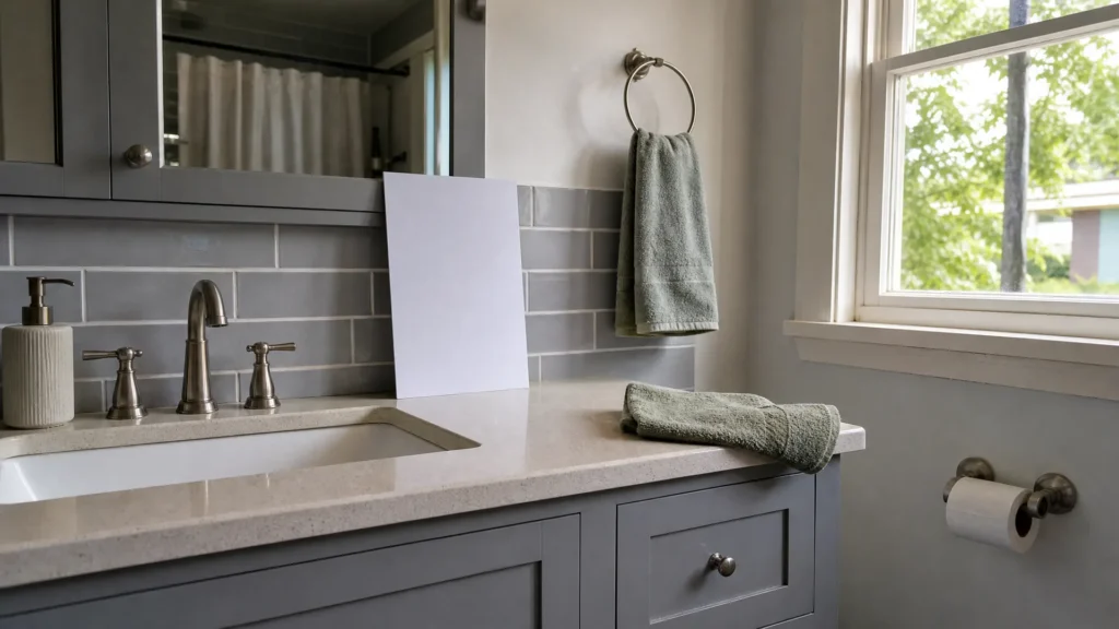 White paper propped against gray bathroom tile to check the gray undertone in morning light