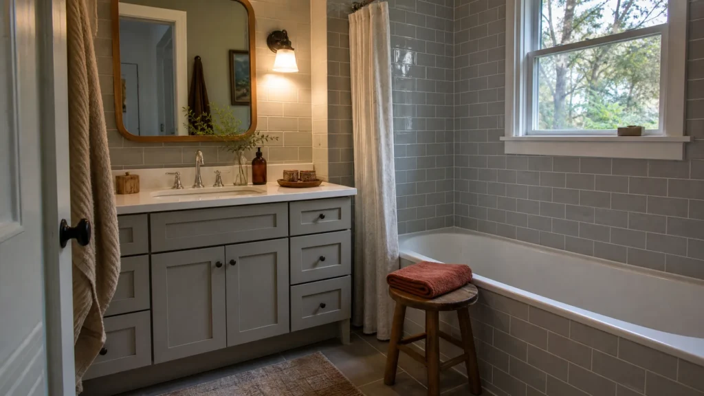 Gray bathroom decorating ideas in practice: gray subway tile, a wood stool and a rust towel warm up a cool room