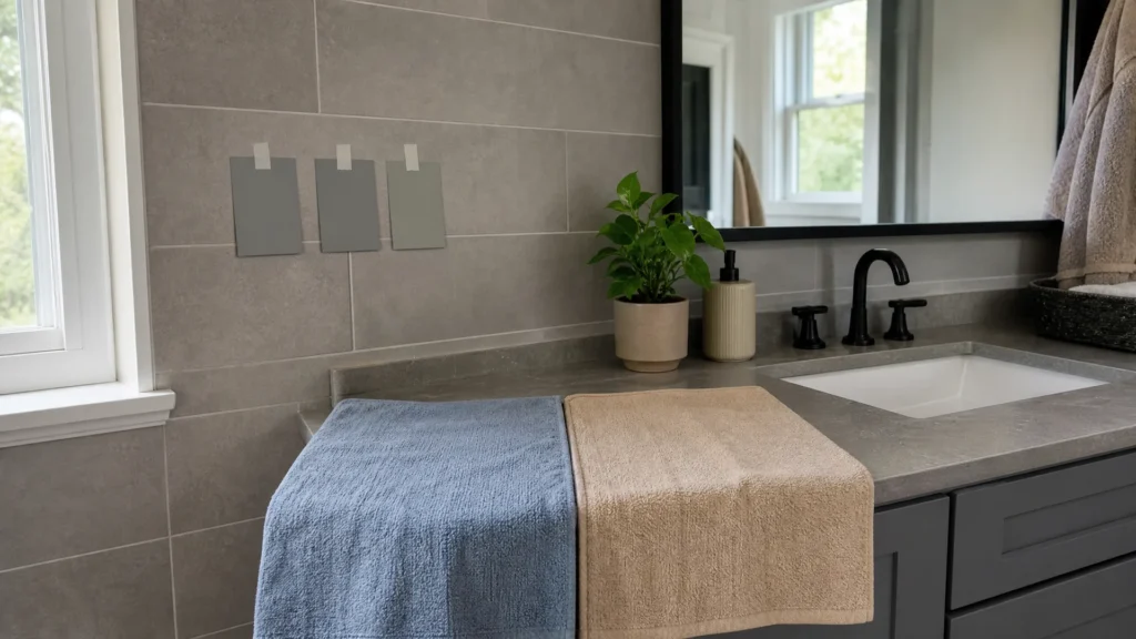 Three paint chip cards taped beside gray tile next to a blue towel and a beige towel to compare undertones