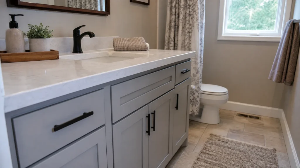Gray bathroom vanity updated with new matte black pulls and a small wood tray on the counter