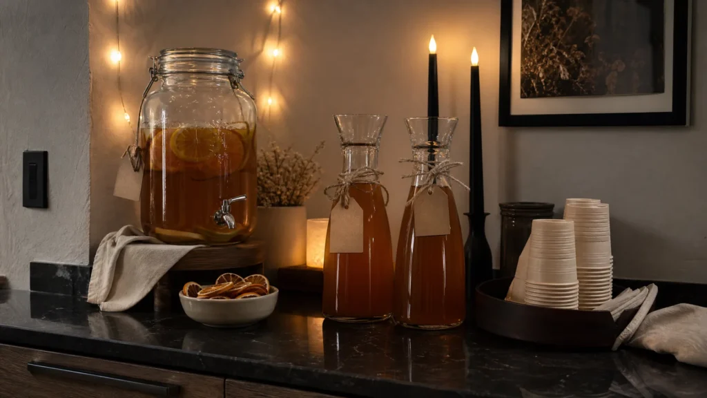A kitchen counter drink station with a glass dispenser, decanters of cider tied with blank kraft tags, orange slices and black taper candles.
