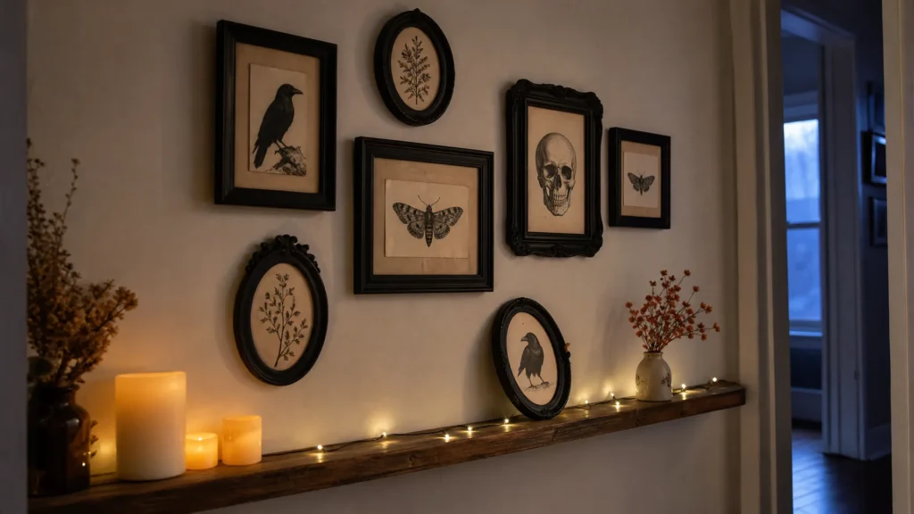 A gallery wall of mismatched black frames holding vintage raven, moth, skull and botanical prints above a wooden ledge.