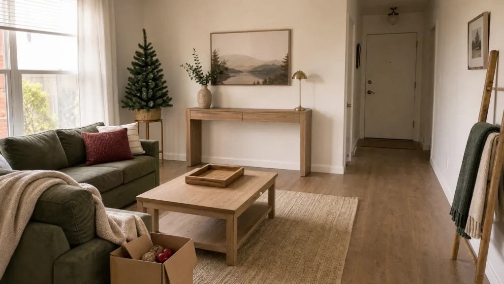 A living room coffee table and wall console cleared of everyday items, with a small tree already placed and a box of ornaments beside the sofa
