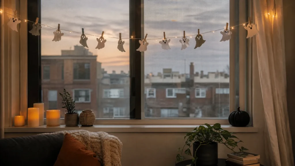 A string of warm-white mini lights with small white ghost cutouts clipped along it, draped across an apartment window at dusk.
