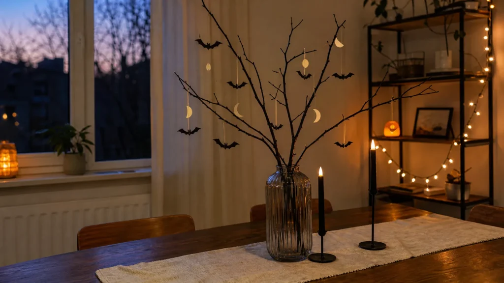 Black branches in a glass vase with hanging paper bats and moons on a dining table with a cream runner and black taper candles.
