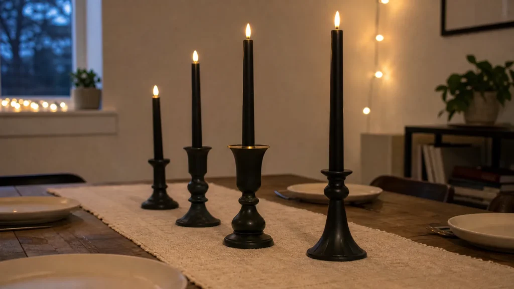 Four thrifted candlesticks painted matte black holding black taper candles down a cream table runner set for dinner.