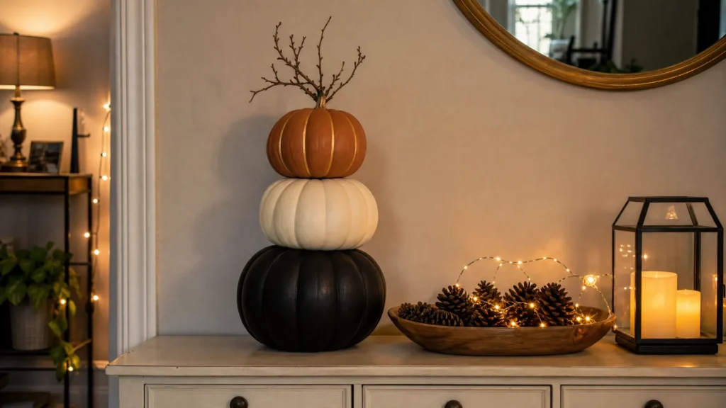 Three stacked painted pumpkins in black, cream and orange topped with a dried branch stem on a cream console table.