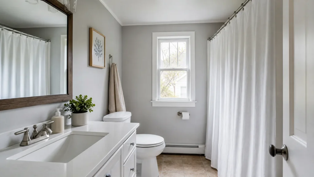 Small bathroom with pale gray walls, white trim and a light shower curtain that opens up the room