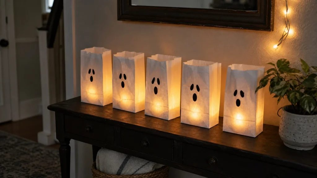 Five white paper bag ghost lanterns glowing with battery tea lights on a dark console table.