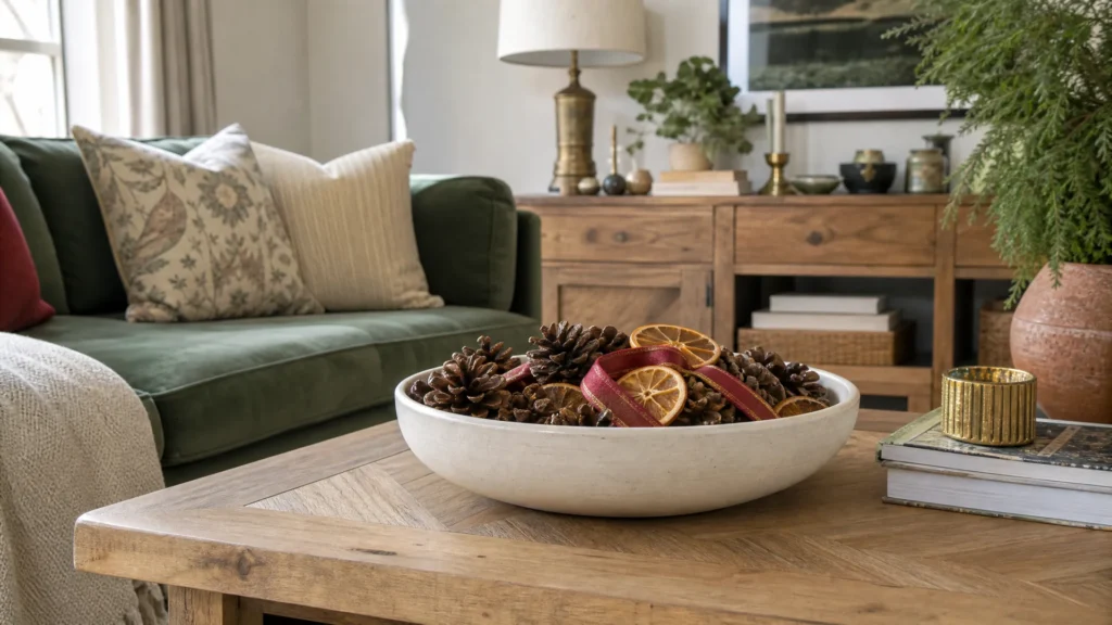Pinecones and dried orange slices in a shallow cream bowl with a muted red ribbon on a coffee table