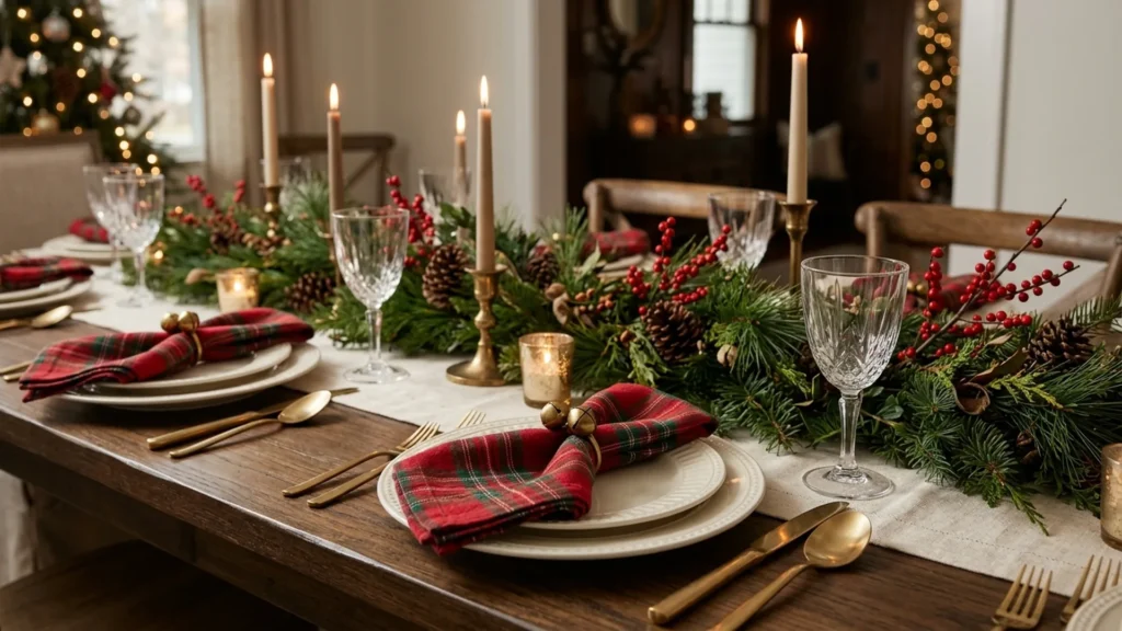 Red plaid Christmas napkins on white plates with brass flatware, taper candles and a greenery garland runner on a holiday dining table