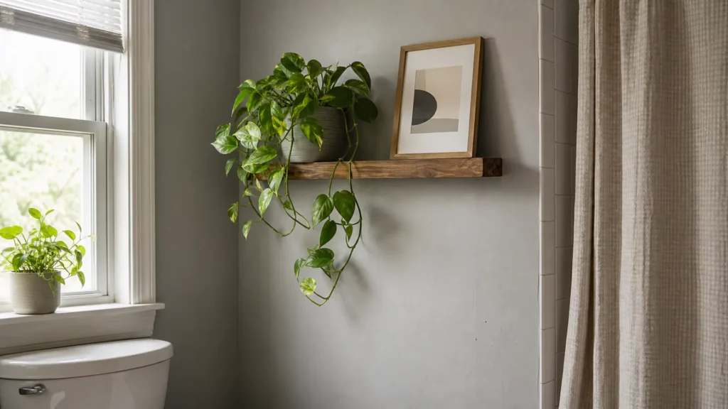 Pothos plant on a small shelf with a framed print leaning beside it on a gray bathroom wall