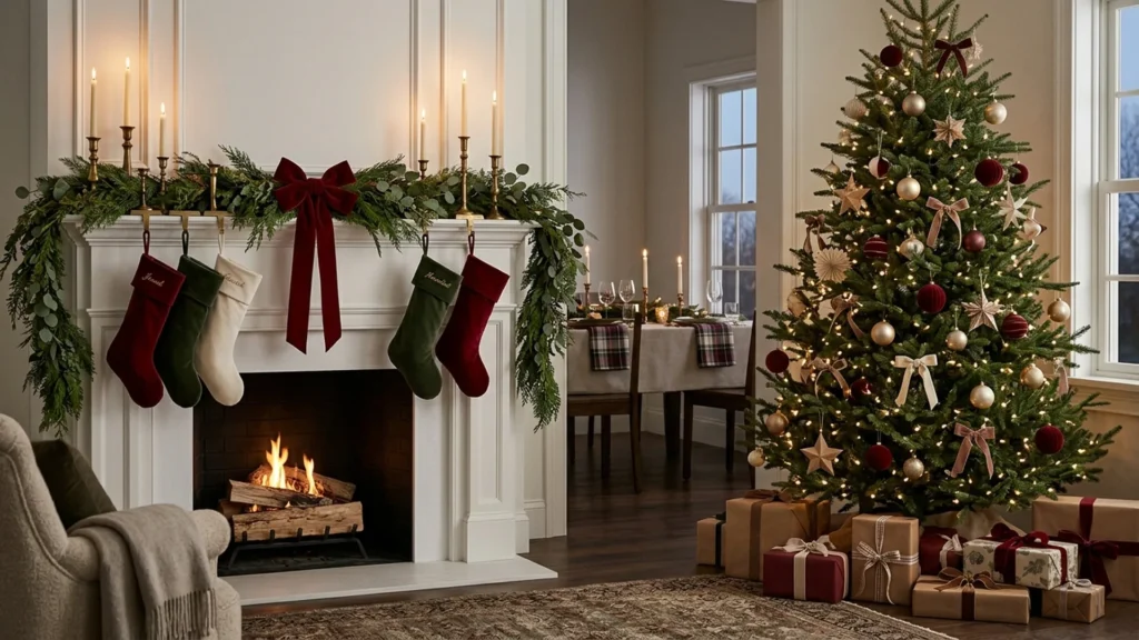 Finished Pottery Barn Christmas decor look with a garland mantel, velvet stockings, a decorated tree and a set holiday dining table
