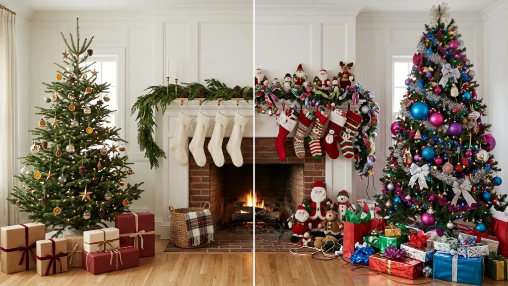 Side-by-side Christmas mantels showing a cluttered multicolor display versus a refined cream, green and red version, mistakes to avoid when recreating Pottery Barn Christmas decor