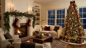 Pottery Barn Christmas decor recreated at home with a garland mantel, velvet bows, brass candlesticks, stockings and a decorated tree