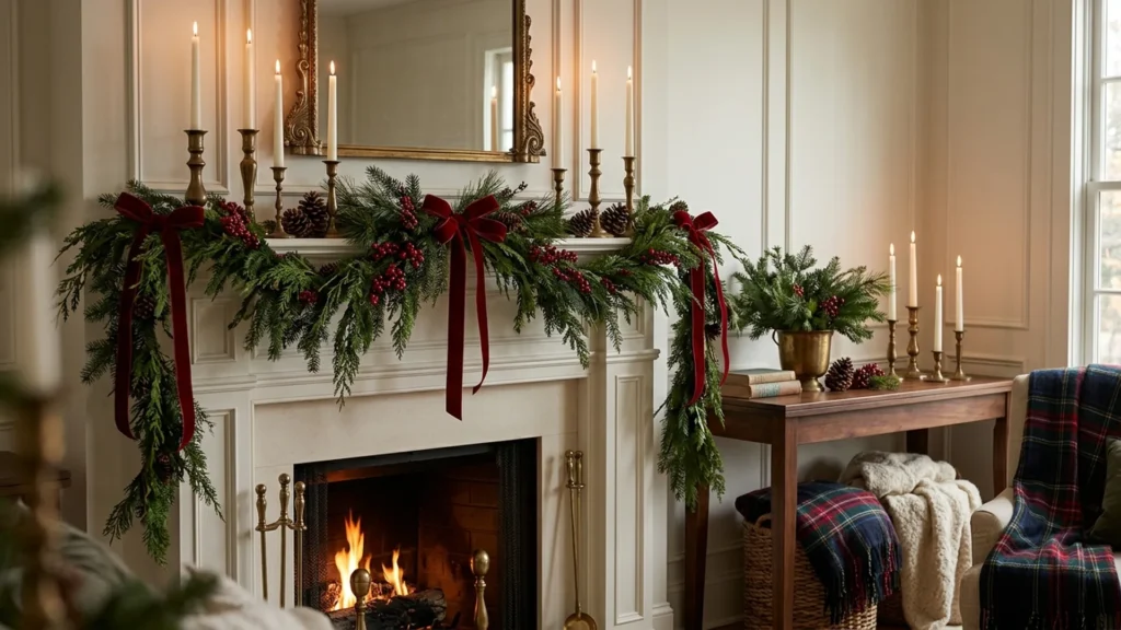 Fresh greenery garland with red velvet ribbon and brass candlesticks on a mantel, a classic Pottery Barn Christmas decor style to recreate