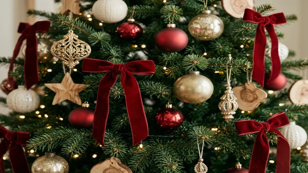 Close-up of a Christmas tree with red velvet bows, gold and cream ornaments and wooden slice ornaments, mixing Pottery Barn Christmas ornaments with budget alternatives