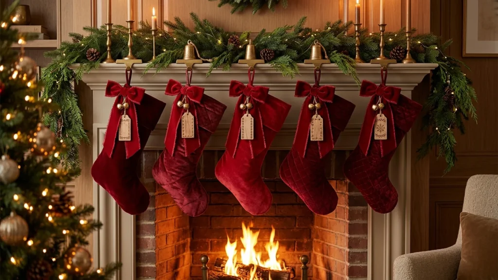 Red velvet Christmas stockings with hanging name tags on a garland-draped fireplace mantel, a Pottery Barn Christmas stockings look