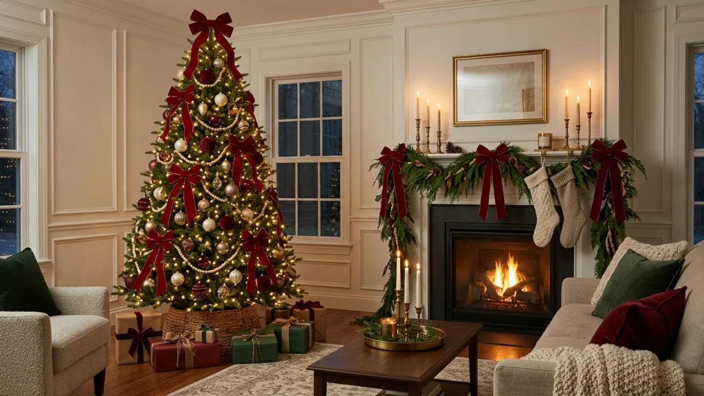 Pottery Barn Christmas tree look at home with red velvet bows and gold ornaments beside a fireplace in a cozy living room