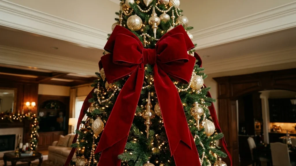 Oversized red velvet bow Christmas tree topper on a tree with gold bead garland, a ready-made Pottery Barn Christmas tree topper look
