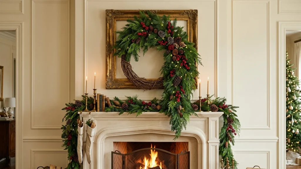 Pottery Barn Christmas wreath idea made from layered garlands on a grapevine base, hung above a fireplace mantel