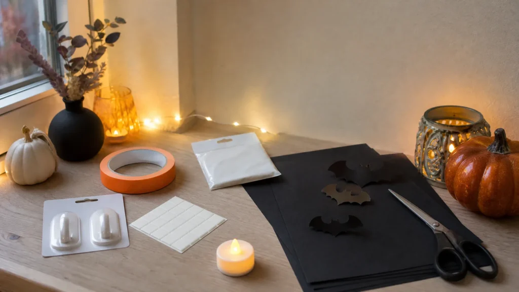 Removable hooks, painter's tape, poster putty, black cardstock bats, scissors and a battery tea light laid out on a wood table for renter-safe Halloween decorating.