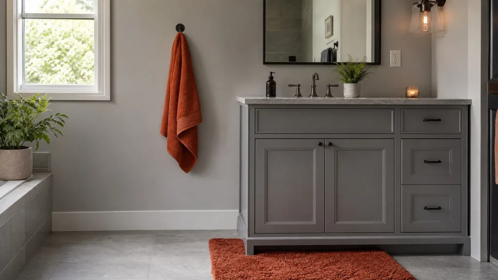 Rust hand towel beside a gray vanity with a matching rust bath mat repeating one warm color