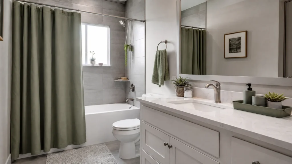 Gray bathroom with a sage hand towel, a sage tray and a sage shower curtain as a single accent color