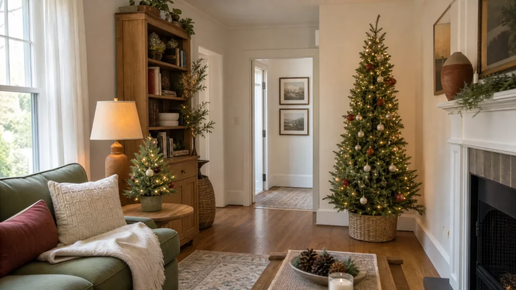 A slim corner Christmas tree and a small tabletop tree on a round side table in a compact living room