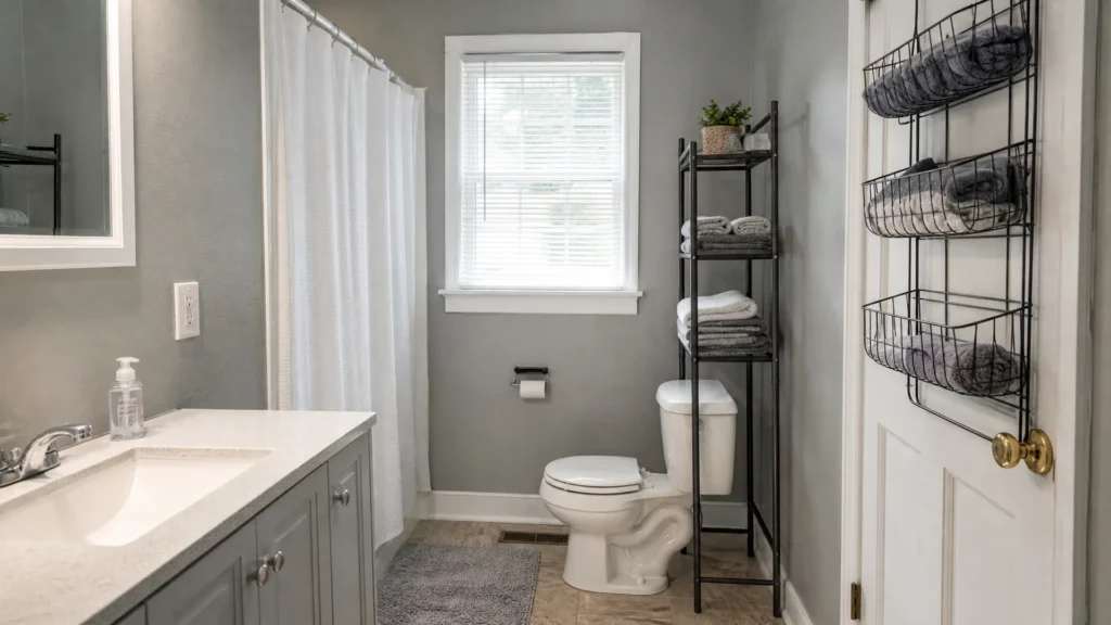 Small gray bathroom kept light with a white curtain, a slim freestanding shelf and a clear counter