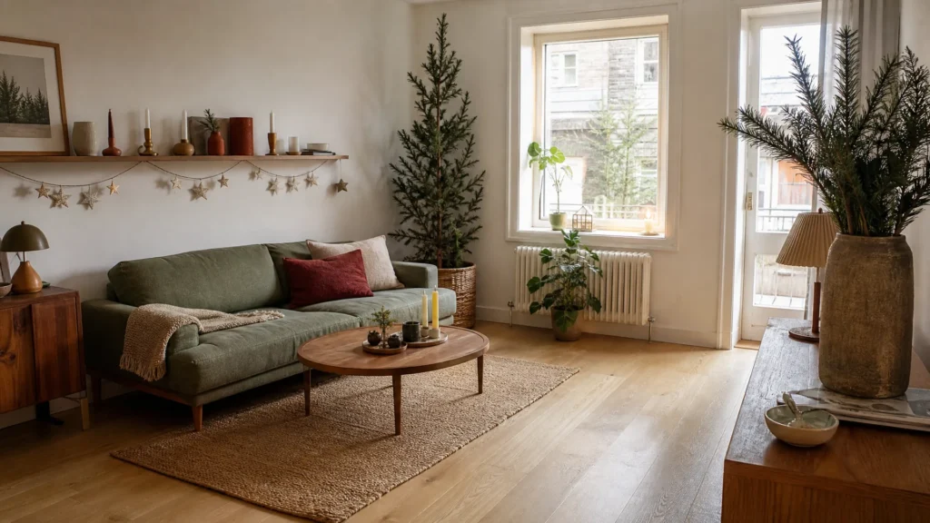 Small living room Christmas decor kept vertical with a slim tree, tall branches in a floor vase and paper stars above a shelf