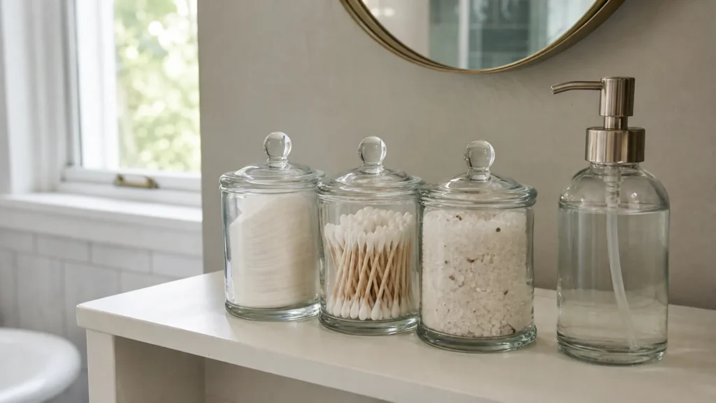 Glass apothecary jars holding cotton rounds and bath salts beside a matching soap dispenser